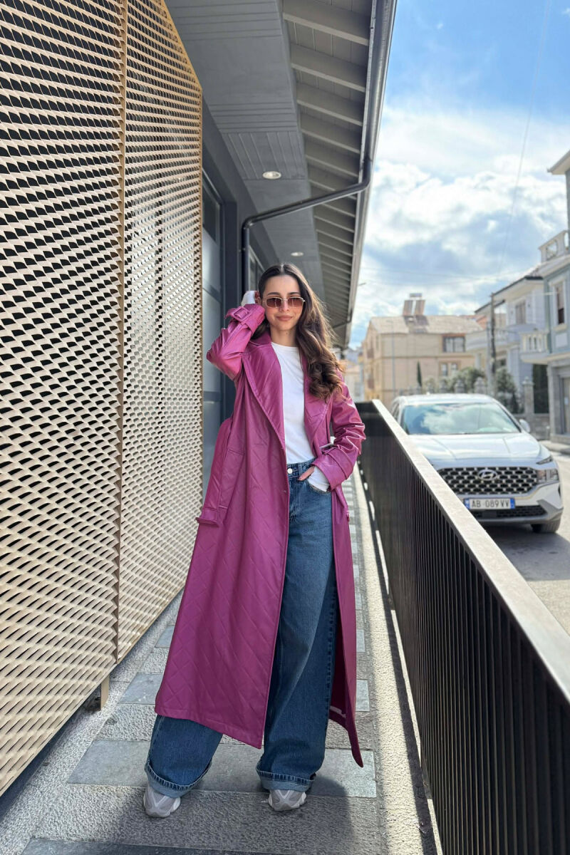 ONE COLOR LEATHER LONG WOMEN TRENCH COAT PURPLE/LEJLA - 5