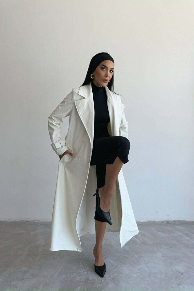 ONE COLOR LEATHER LONG WOMEN TRENCH COAT WHITE-E BARDHE - 7