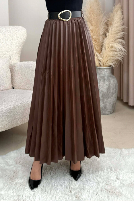 ONE COLOR LEATHER PLEATED BELT DETAIL WOMEN SKIRT BROWN/KAFE 