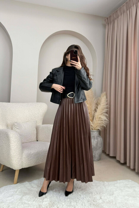 ONE COLOR LEATHER PLEATED BELT DETAIL WOMEN SKIRT BROWN/KAFE - 2