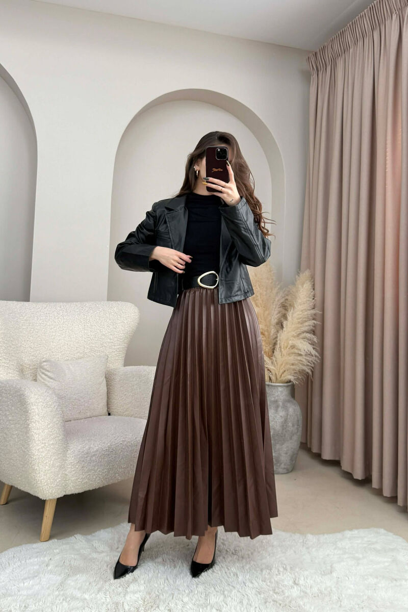 ONE COLOR LEATHER PLEATED BELT DETAIL WOMEN SKIRT BROWN/KAFE - 2