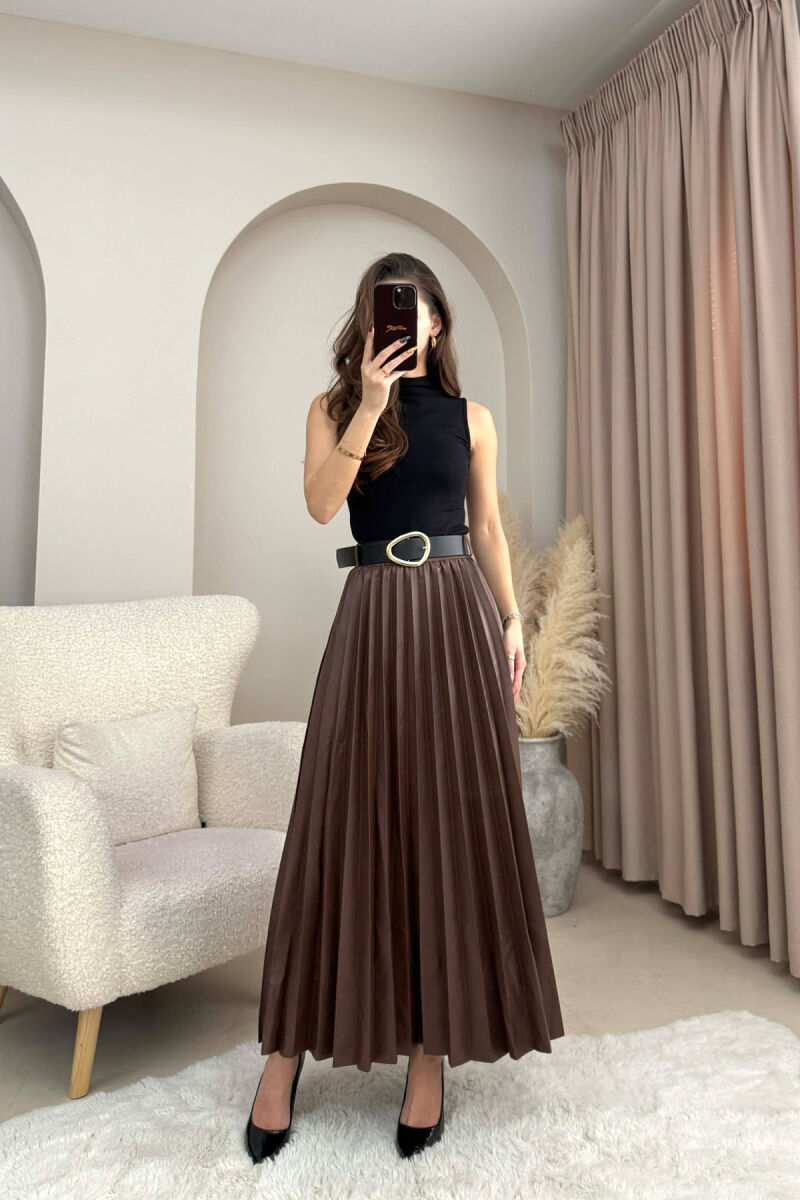 ONE COLOR LEATHER PLEATED BELT DETAIL WOMEN SKIRT BROWN/KAFE - 3