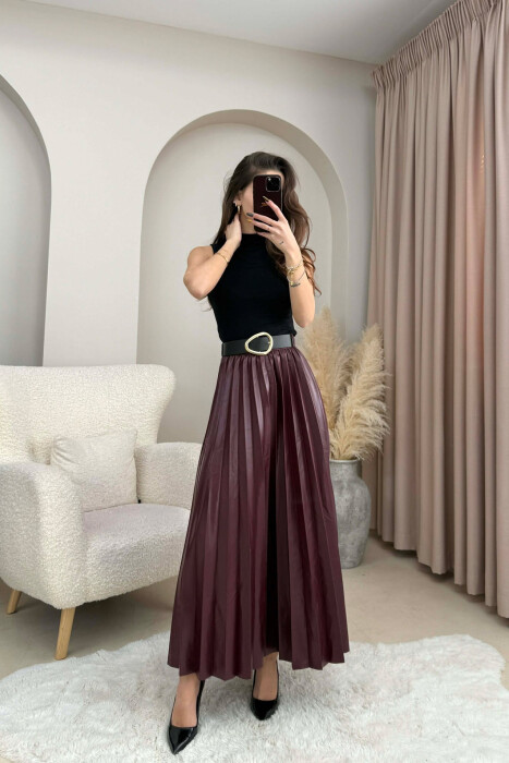 ONE COLOR LEATHER PLEATED BELT DETAIL WOMEN SKIRT BURGUNDY/VISHNJE - 1