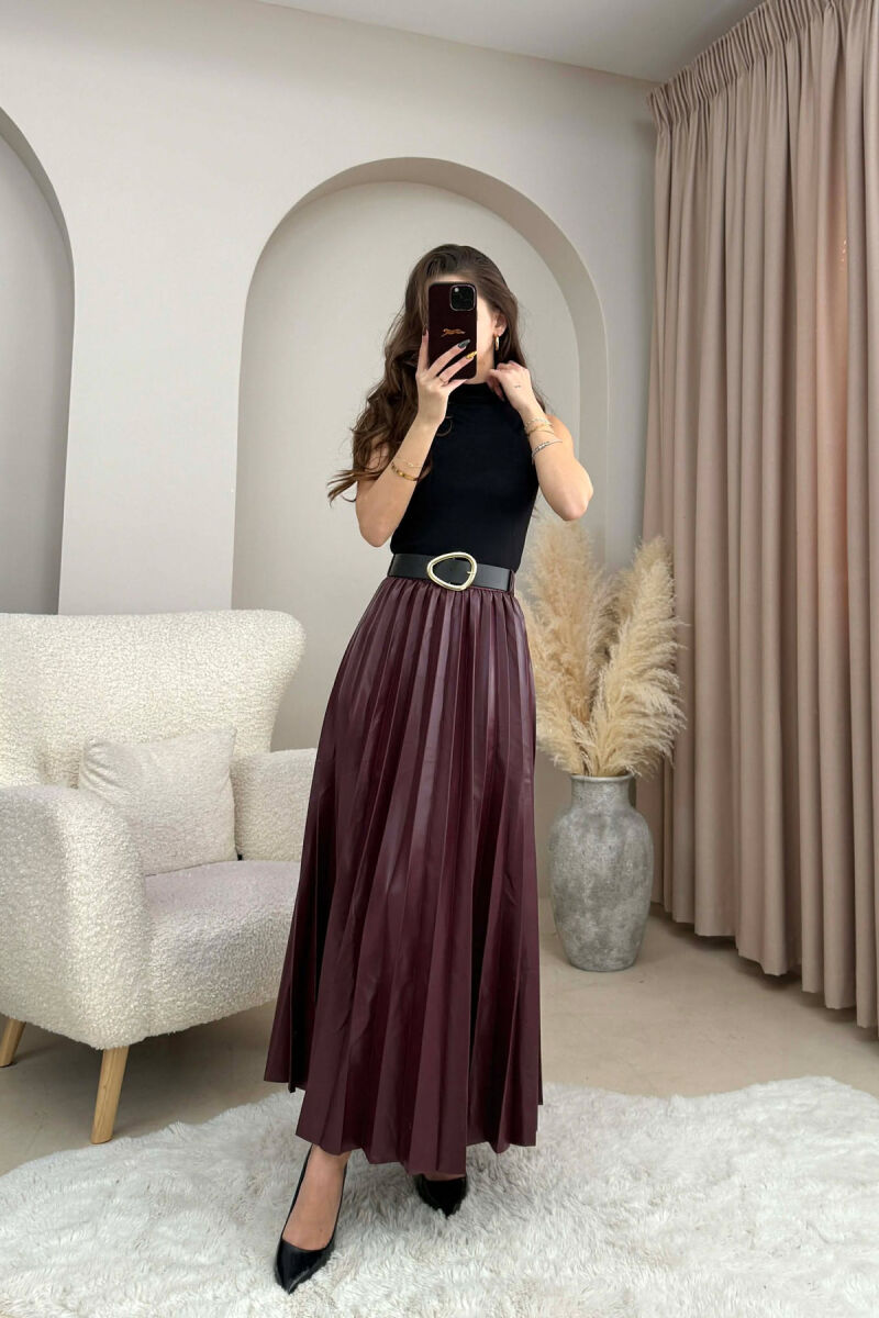 ONE COLOR LEATHER PLEATED BELT DETAIL WOMEN SKIRT BURGUNDY/VISHNJE - 2