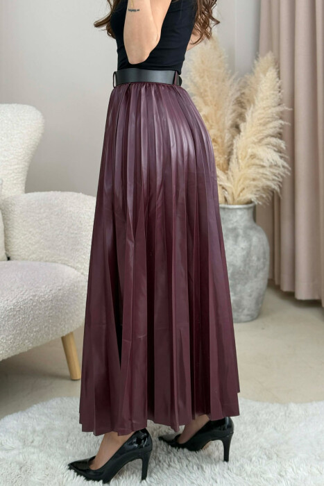 ONE COLOR LEATHER PLEATED BELT DETAIL WOMEN SKIRT BURGUNDY/VISHNJE - 3