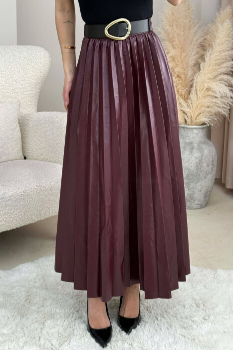 ONE COLOR LEATHER PLEATED BELT DETAIL WOMEN SKIRT BURGUNDY/VISHNJE - 4