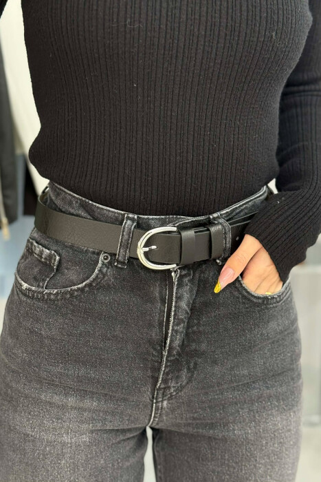 ONE COLOR LEATHER SIMPLE BUCKLE WOMEN BELT BLACK+SILVER/ZEZE+ARGJEND - KLAUDIO FASHION