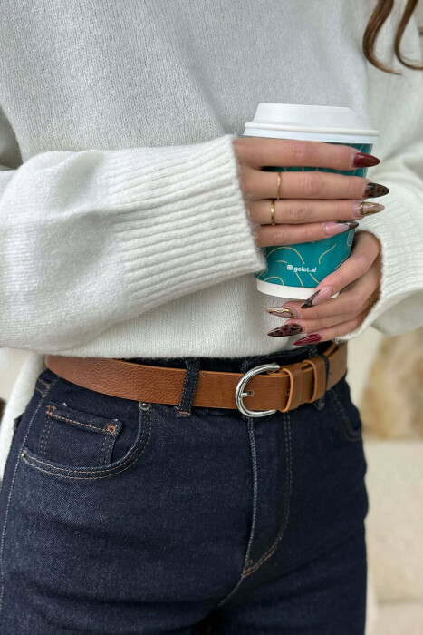 ONE COLOR LEATHER SIMPLE BUCKLE WOMEN BELT BROWN/KAFE - KLAUDIO FASHION