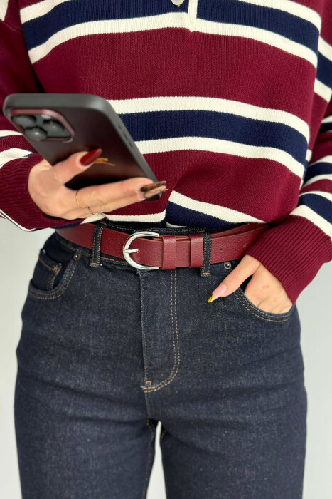 ONE COLOR LEATHER SIMPLE BUCKLE WOMEN BELT BURGUNDY/VISHNJE - KLAUDIO FASHION