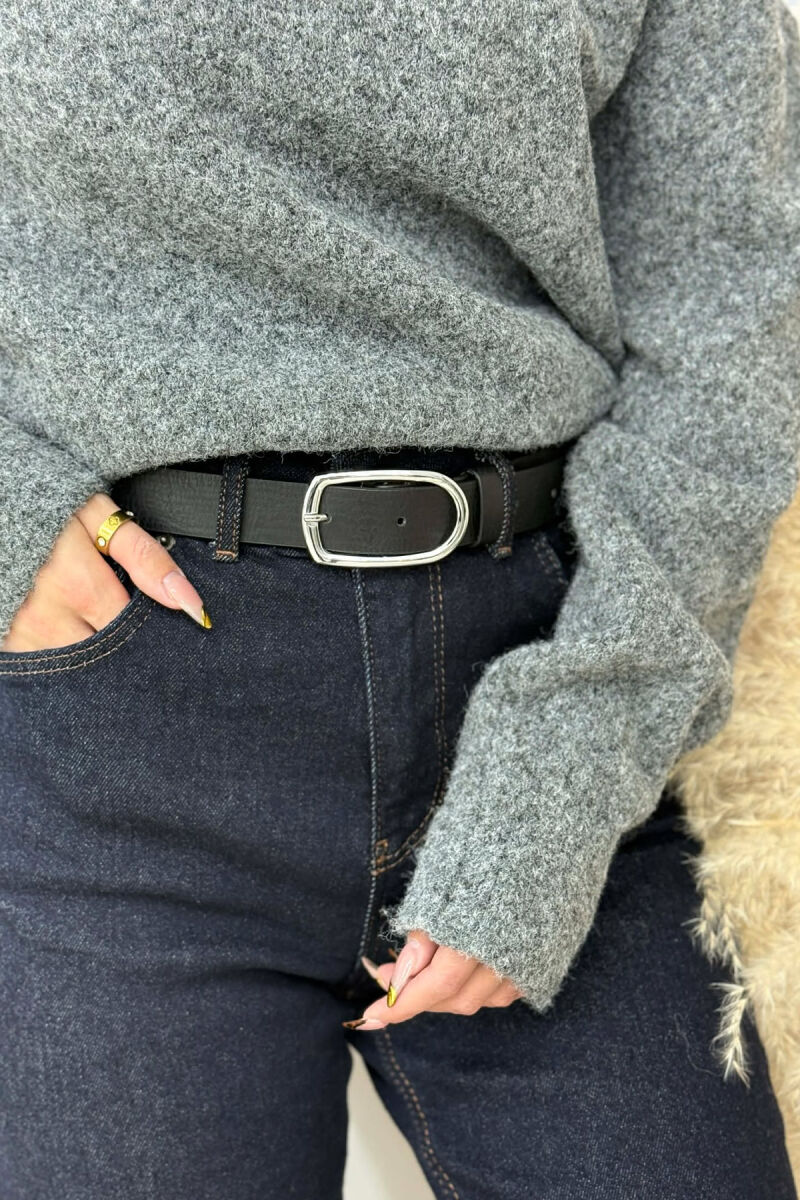 ONE COLOR LEATHER SIMPLE WOMEN BELT BLACK+SILVER/ZEZE+ARGJEND - 1