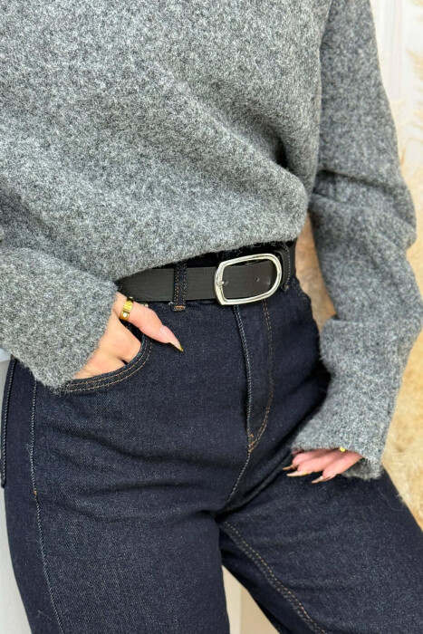 ONE COLOR LEATHER SIMPLE WOMEN BELT BLACK+SILVER/ZEZE+ARGJEND - 2