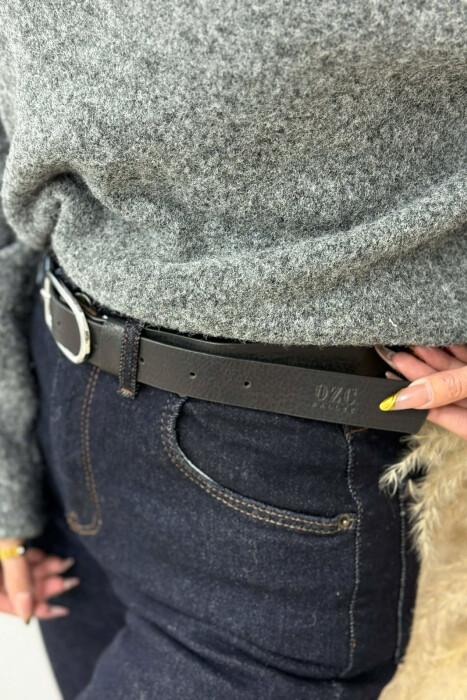 ONE COLOR LEATHER SIMPLE WOMEN BELT BLACK+SILVER/ZEZE+ARGJEND - 3