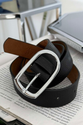 ONE COLOR LEATHER SIMPLE WOMEN BELT BLACK+SILVER/ZEZE+ARGJEND 