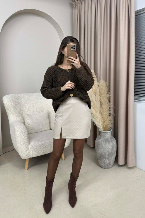 ONE COLOR LEATHER SIMPLE WOMEN SKIRT BEIGE/BEZHE - KLAUDIO FASHION
