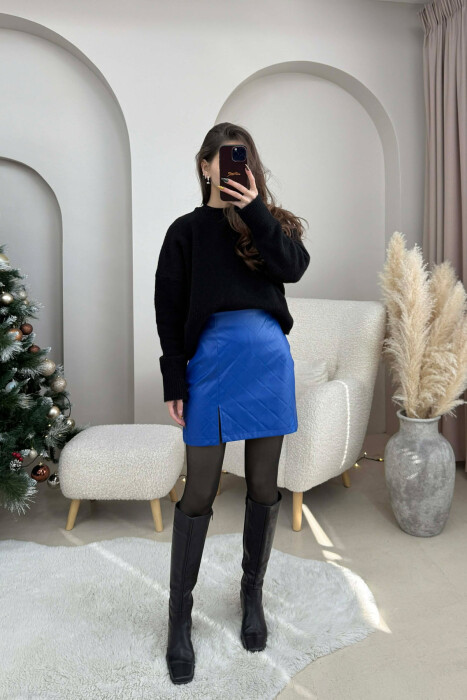 ONE COLOR LEATHER SIMPLE WOMEN SKIRT BLUE/BLU - 2