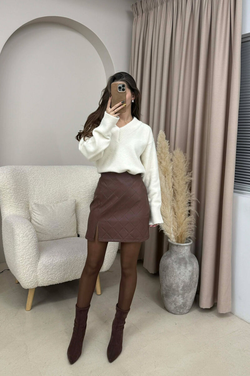 ONE COLOR LEATHER SIMPLE WOMEN SKIRT BROWN/KAFE - 1