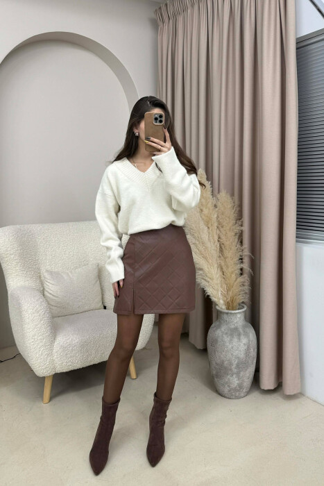 ONE COLOR LEATHER SIMPLE WOMEN SKIRT BROWN/KAFE - 2