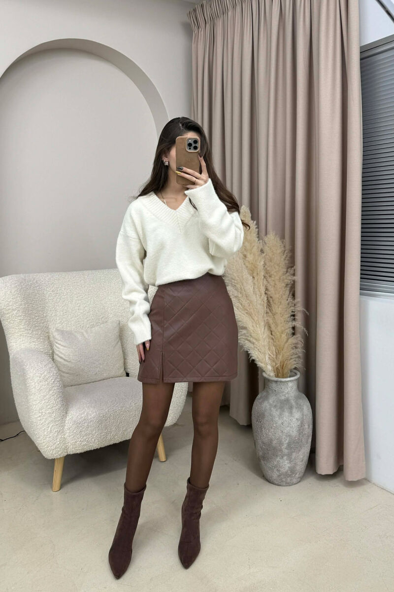 ONE COLOR LEATHER SIMPLE WOMEN SKIRT BROWN/KAFE - 2