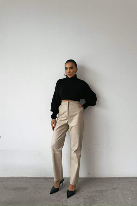 ONE COLOR LEATHER SIMPLE WOMEN TROUSERS BEIGE/BEZHE - KLAUDIO FASHION