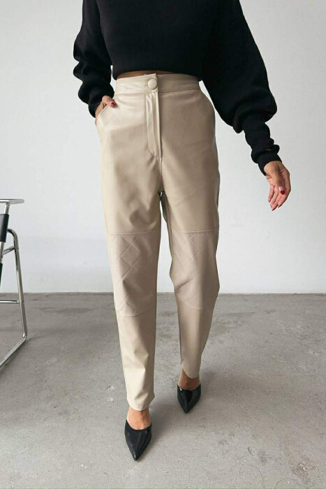 ONE COLOR LEATHER SIMPLE WOMEN TROUSERS BEIGE/BEZHE 
