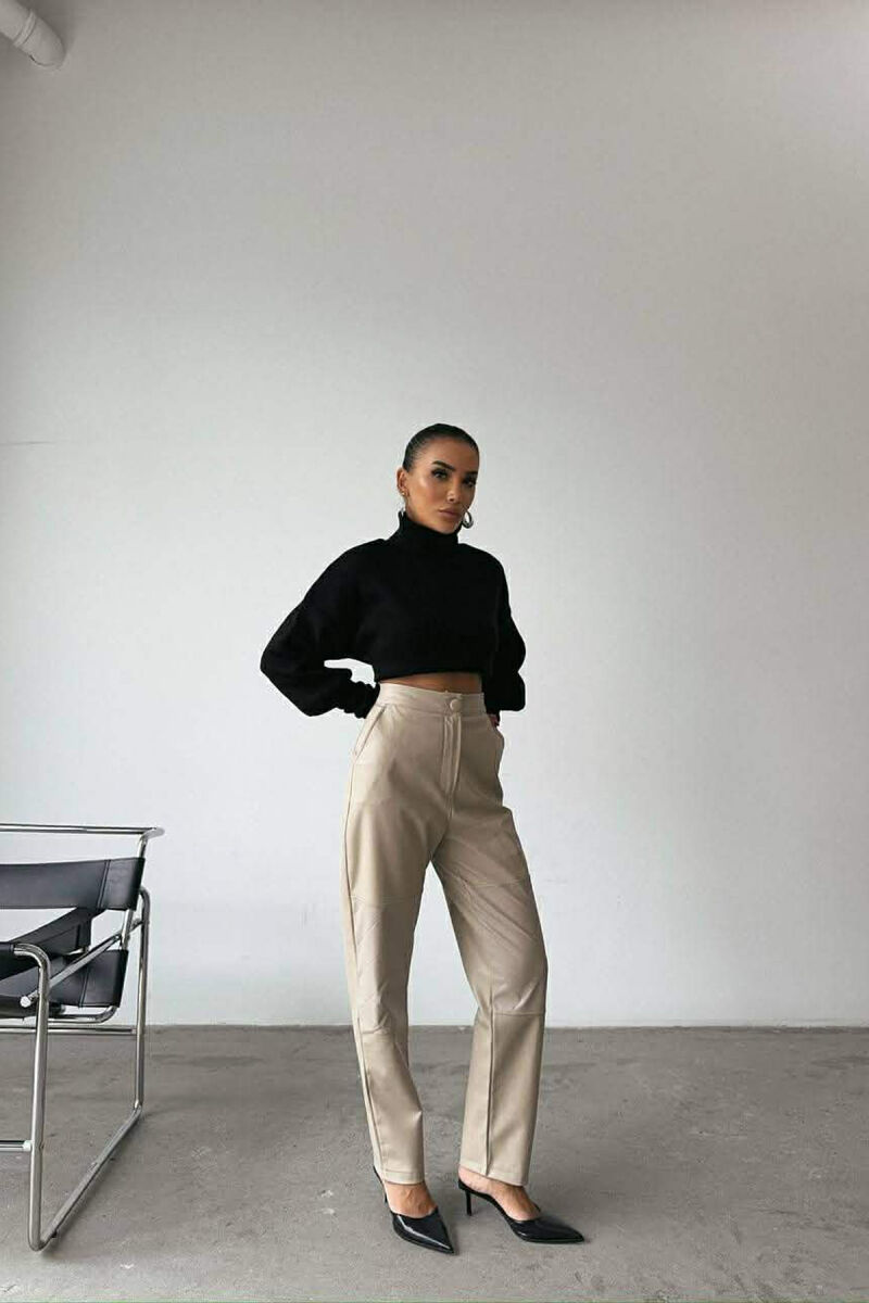 ONE COLOR LEATHER SIMPLE WOMEN TROUSERS BEIGE/BEZHE - 2