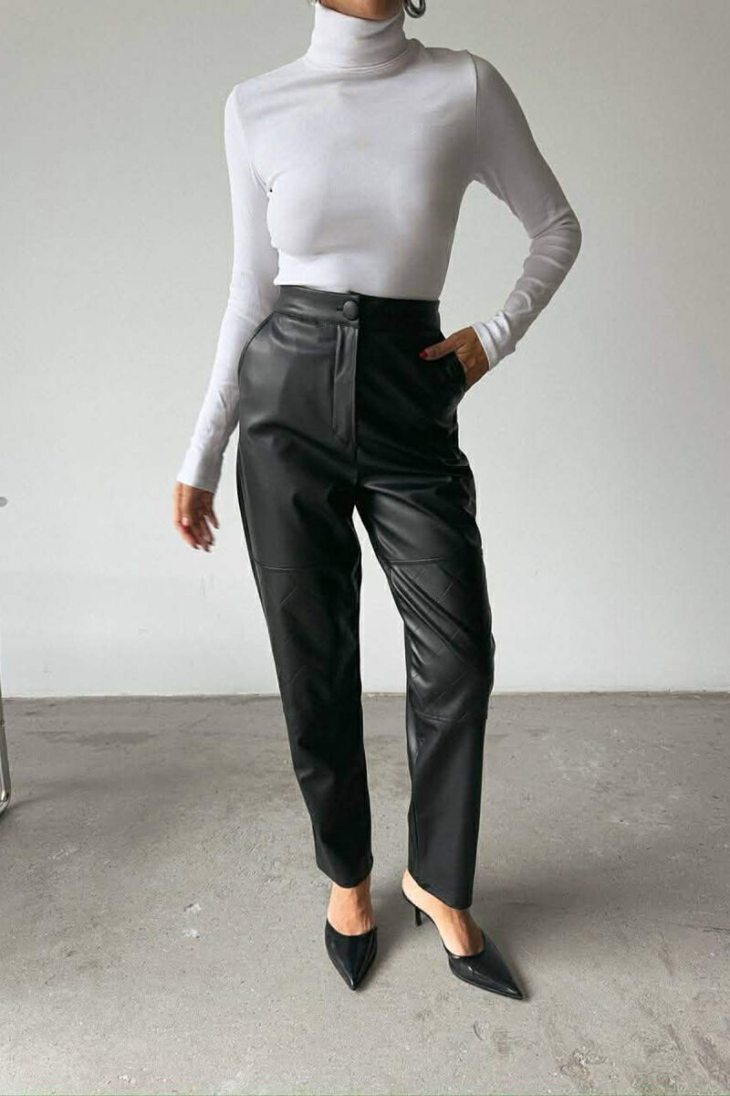 ONE COLOR LEATHER SIMPLE WOMEN TROUSERS BLACK/ E ZEZE - 2