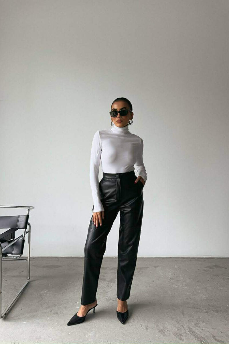 ONE COLOR LEATHER SIMPLE WOMEN TROUSERS BLACK/ E ZEZE - 3