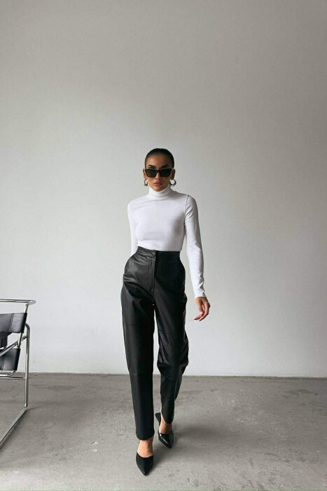 ONE COLOR LEATHER SIMPLE WOMEN TROUSERS BLACK/ E ZEZE 