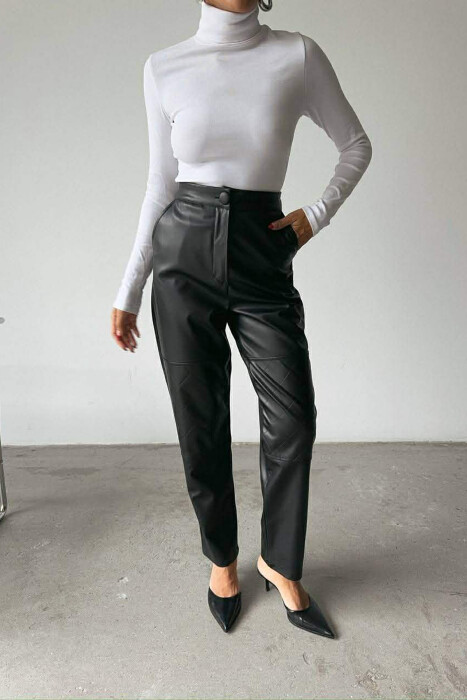 ONE COLOR LEATHER SIMPLE WOMEN TROUSERS BLACK/ E ZEZE 