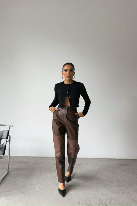 ONE COLOR LEATHER SIMPLE WOMEN TROUSERS BROWN/KAFE 