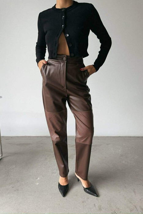ONE COLOR LEATHER SIMPLE WOMEN TROUSERS BROWN/KAFE 