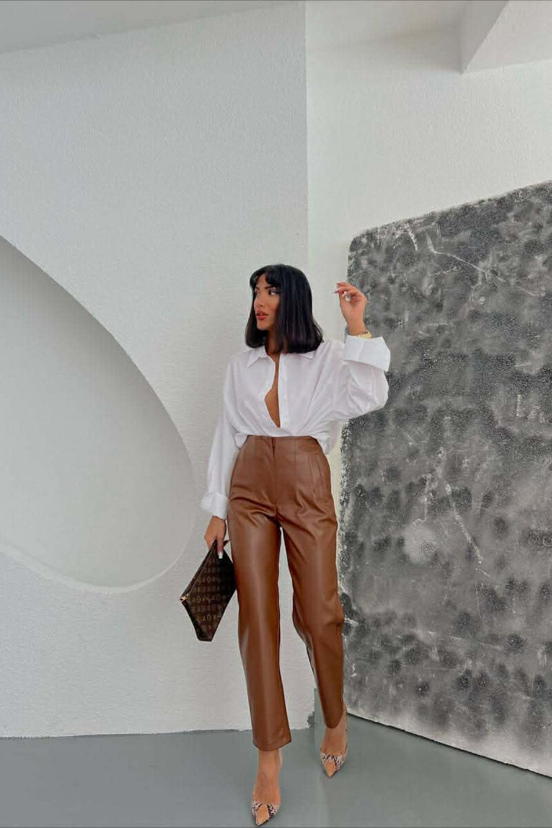 ONE COLOR LEATHER SIMPLE WOMEN TROUSERS BROWN/KAFE - 1