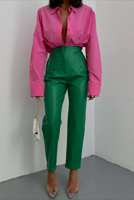 ONE COLOR LEATHER SIMPLE WOMEN TROUSERS GREEN/JESHILE 