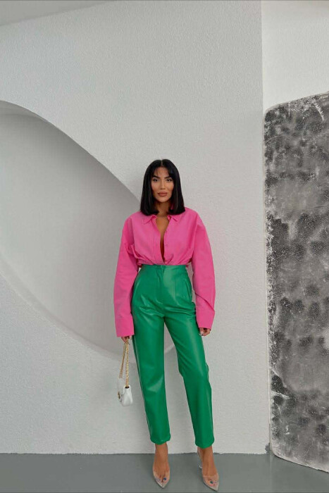 ONE COLOR LEATHER SIMPLE WOMEN TROUSERS GREEN/JESHILE - 1