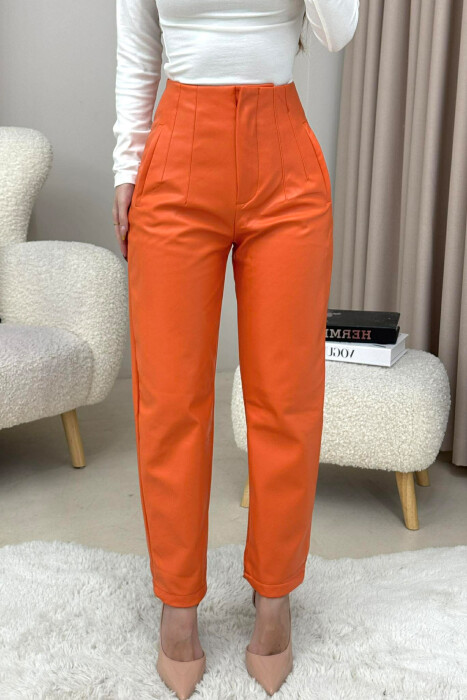 ONE COLOR LEATHER SIMPLE WOMEN TROUSERS ORANGE/PORTOKALLI - KLAUDIO FASHION