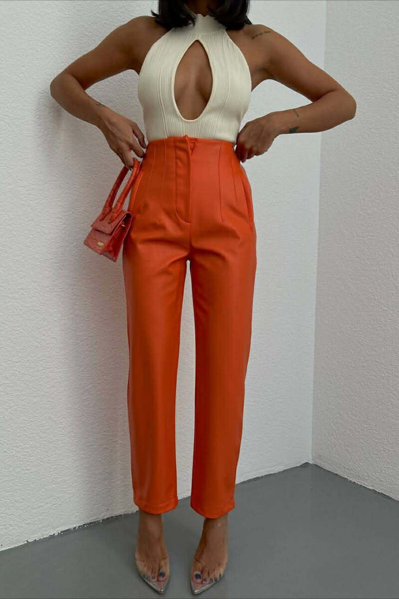 ONE COLOR LEATHER SIMPLE WOMEN TROUSERS ORANGE/PORTOKALLI - 1