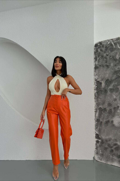 ONE COLOR LEATHER SIMPLE WOMEN TROUSERS ORANGE/PORTOKALLI - 2