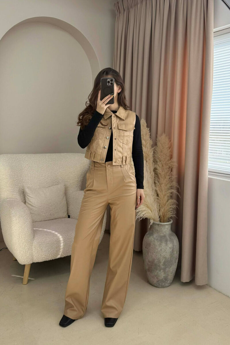 ONE COLOR LEATHER VEST+TROUSERS WOMEN SET BEIGE/BEZHE - 1