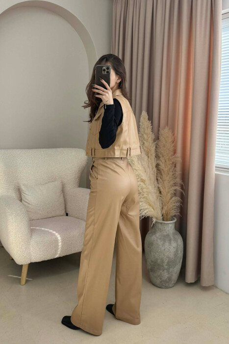 ONE COLOR LEATHER VEST+TROUSERS WOMEN SET BEIGE/BEZHE - 2