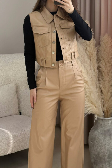ONE COLOR LEATHER VEST+TROUSERS WOMEN SET BEIGE/BEZHE - 3