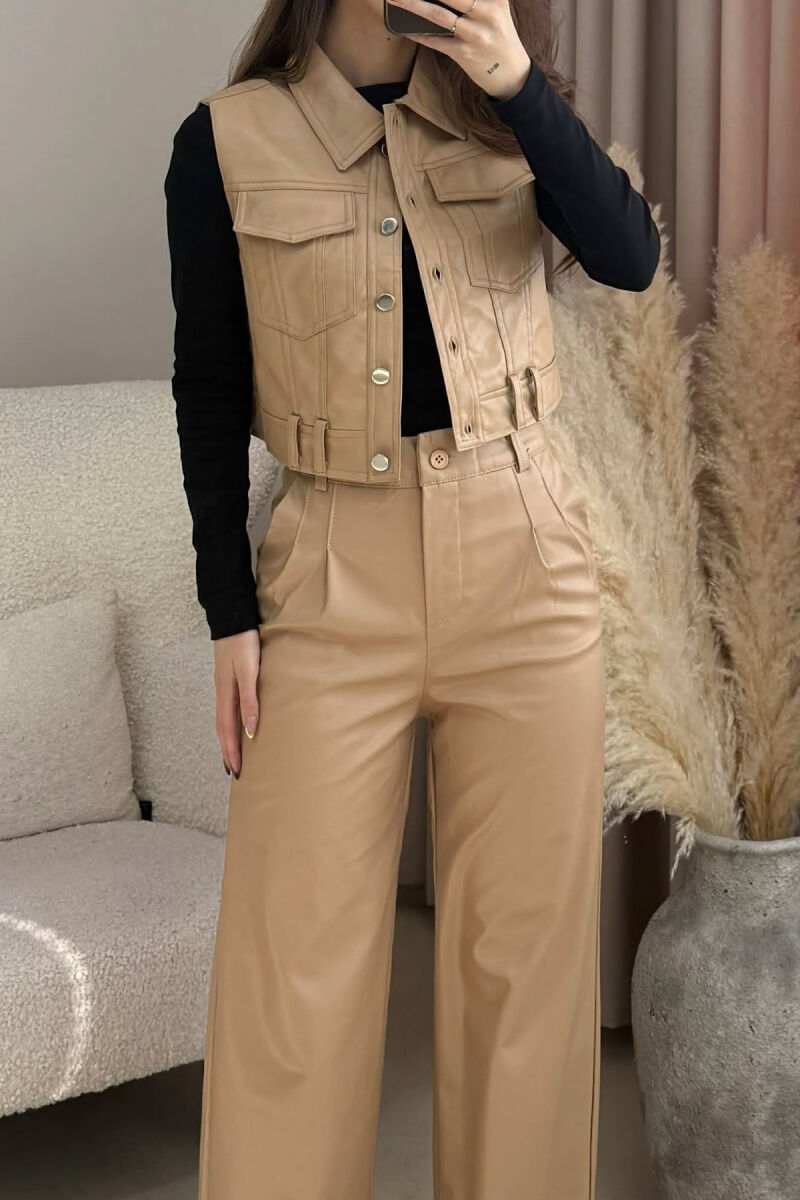 ONE COLOR LEATHER VEST+TROUSERS WOMEN SET BEIGE/BEZHE - 3