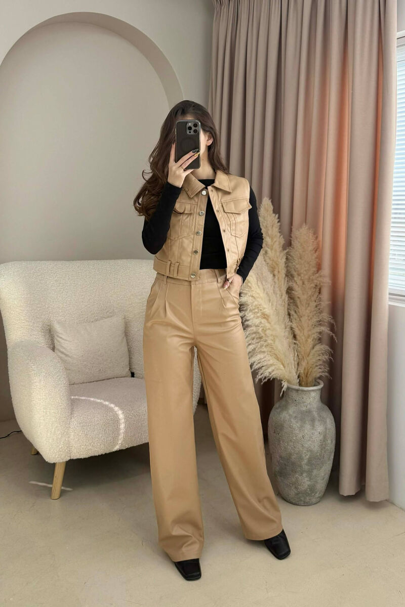 ONE COLOR LEATHER VEST+TROUSERS WOMEN SET BEIGE/BEZHE - 5