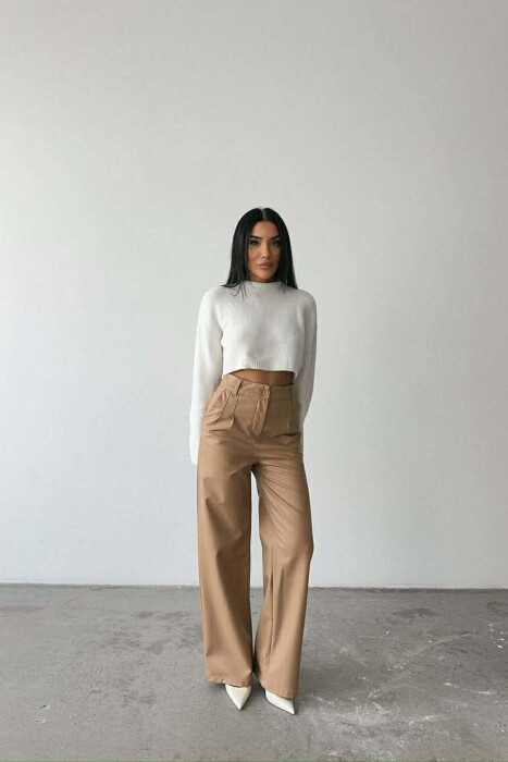 ONE COLOR LEATHER WIDE LEG WOMEN TROUSERS BEIGE/BEZHE - KLAUDIO FASHION