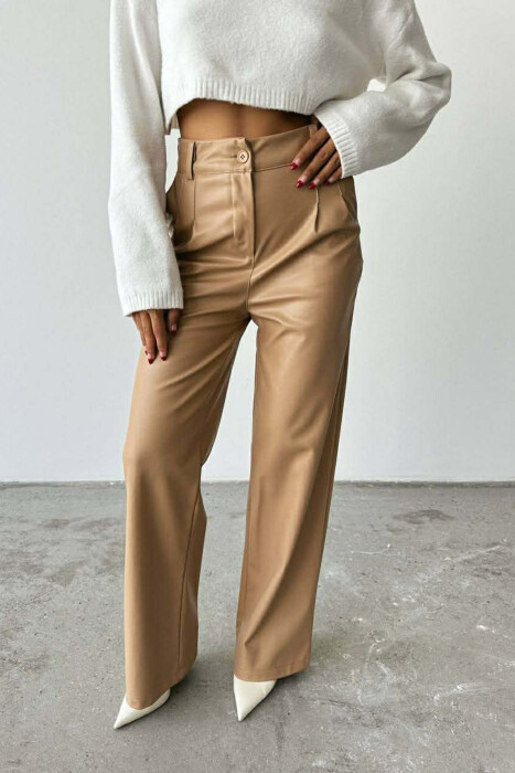 ONE COLOR LEATHER WIDE LEG WOMEN TROUSERS BEIGE/BEZHE 