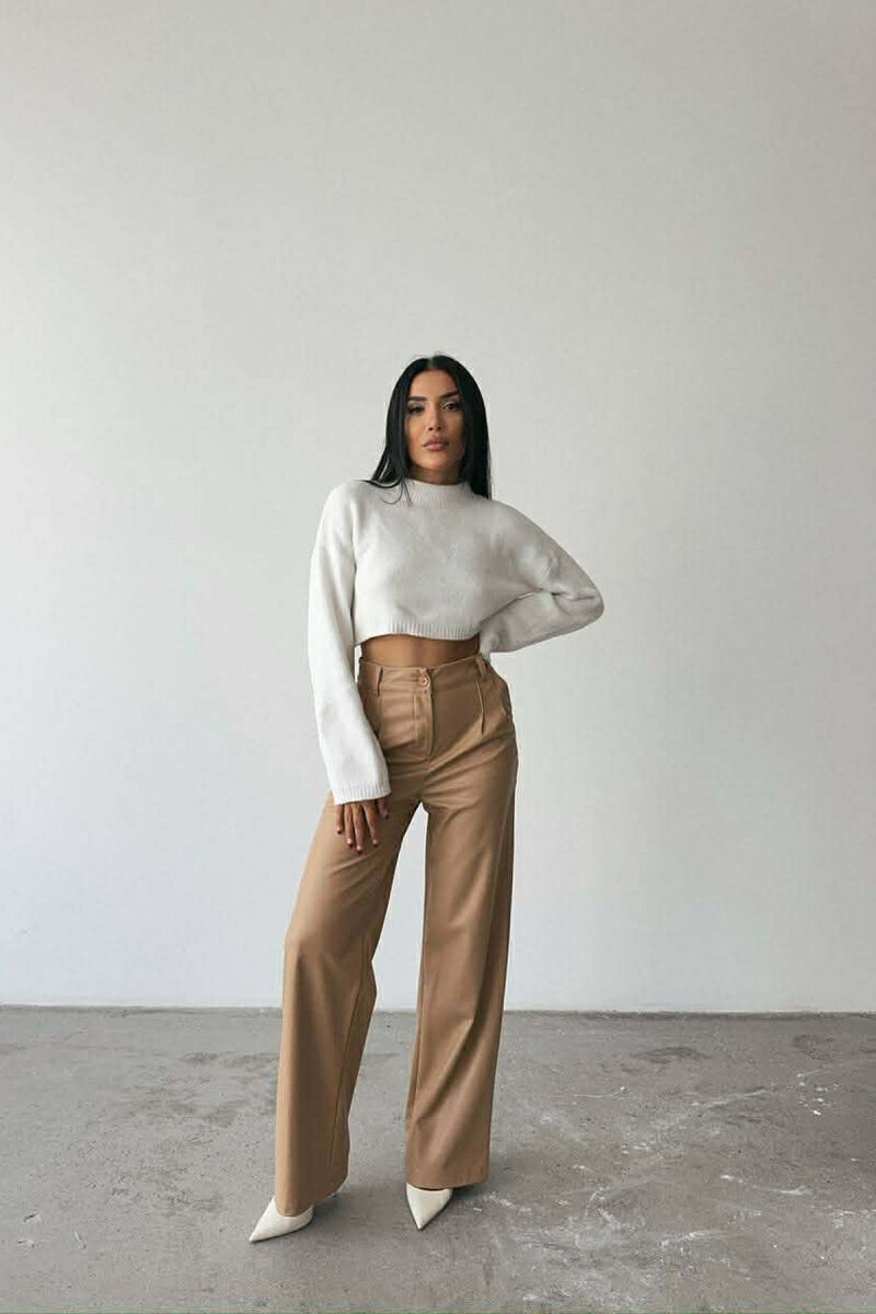 ONE COLOR LEATHER WIDE LEG WOMEN TROUSERS BEIGE/BEZHE - 2