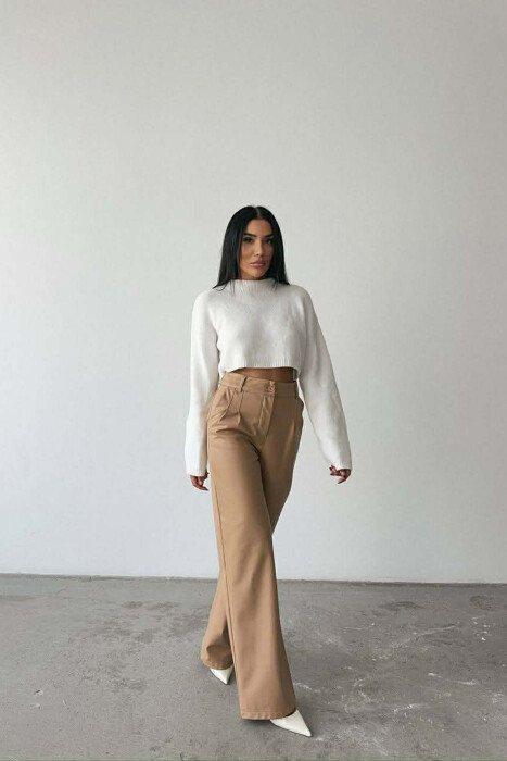ONE COLOR LEATHER WIDE LEG WOMEN TROUSERS BEIGE/BEZHE - 3