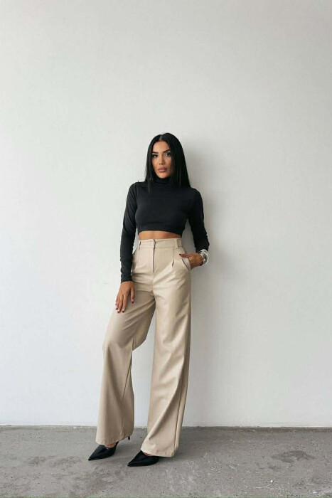 ONE COLOR LEATHER WIDE LEG WOMEN TROUSERS CREAM/KREM - KLAUDIO FASHION