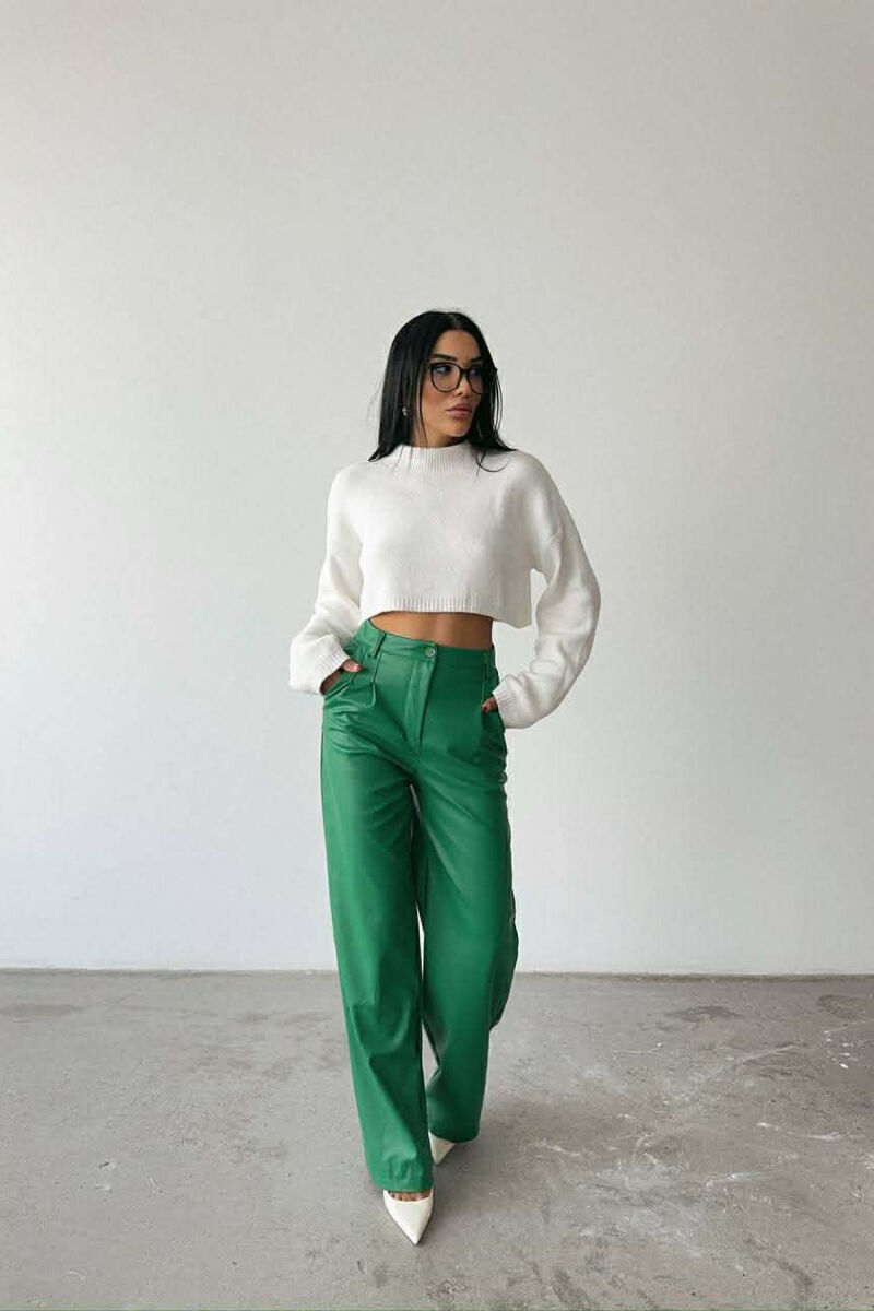 ONE COLOR LEATHER WIDE LEG WOMEN TROUSERS GREEN/JESHILE - 2