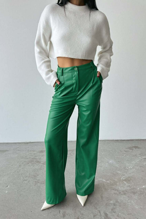 ONE COLOR LEATHER WIDE LEG WOMEN TROUSERS GREEN/JESHILE - 3