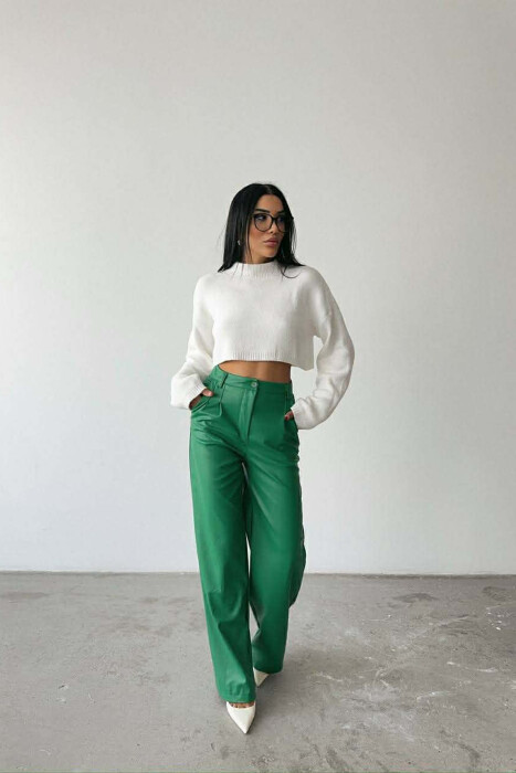 ONE COLOR LEATHER WIDE LEG WOMEN TROUSERS GREEN/JESHILE - 1